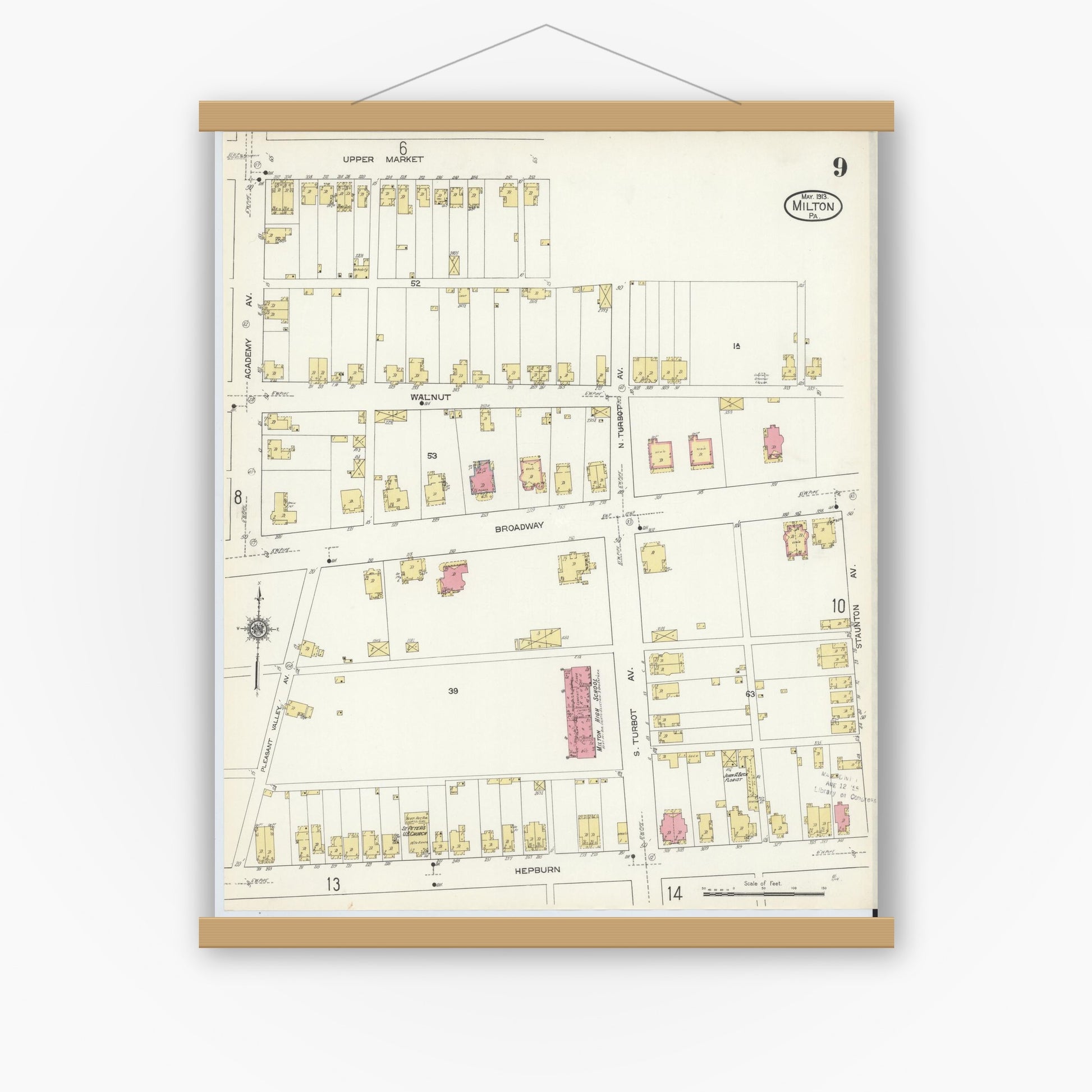 Old map wall art mockup — magnetic wood frame on white wall — Sanborn Fire Insurance Map from Milton, Northumberland County, Pennsylvania (1913), Sheet #0009