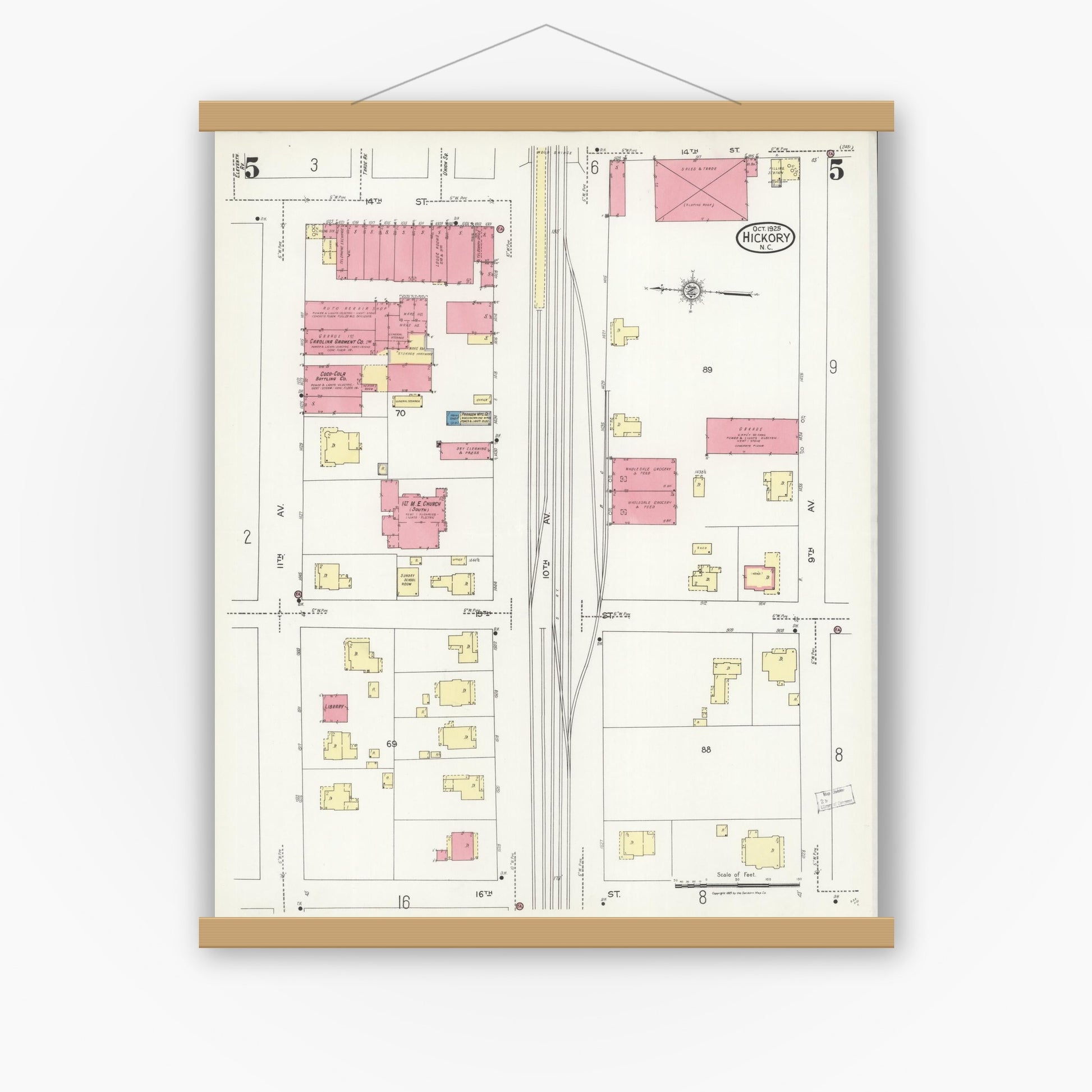 Old map wall art mockup — magnetic wood frame on white wall — Sanborn Fire Insurance Map from Hickory, Catawba County, North Carolina (1925), Sheet #0005