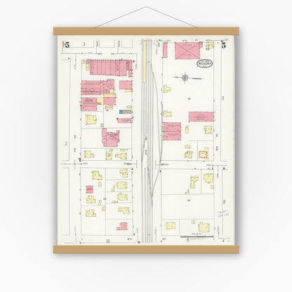 Old map wall art mockup — magnetic wood frame on white wall — Sanborn Fire Insurance Map from Hickory, Catawba County, North Carolina (1925), Sheet #0005