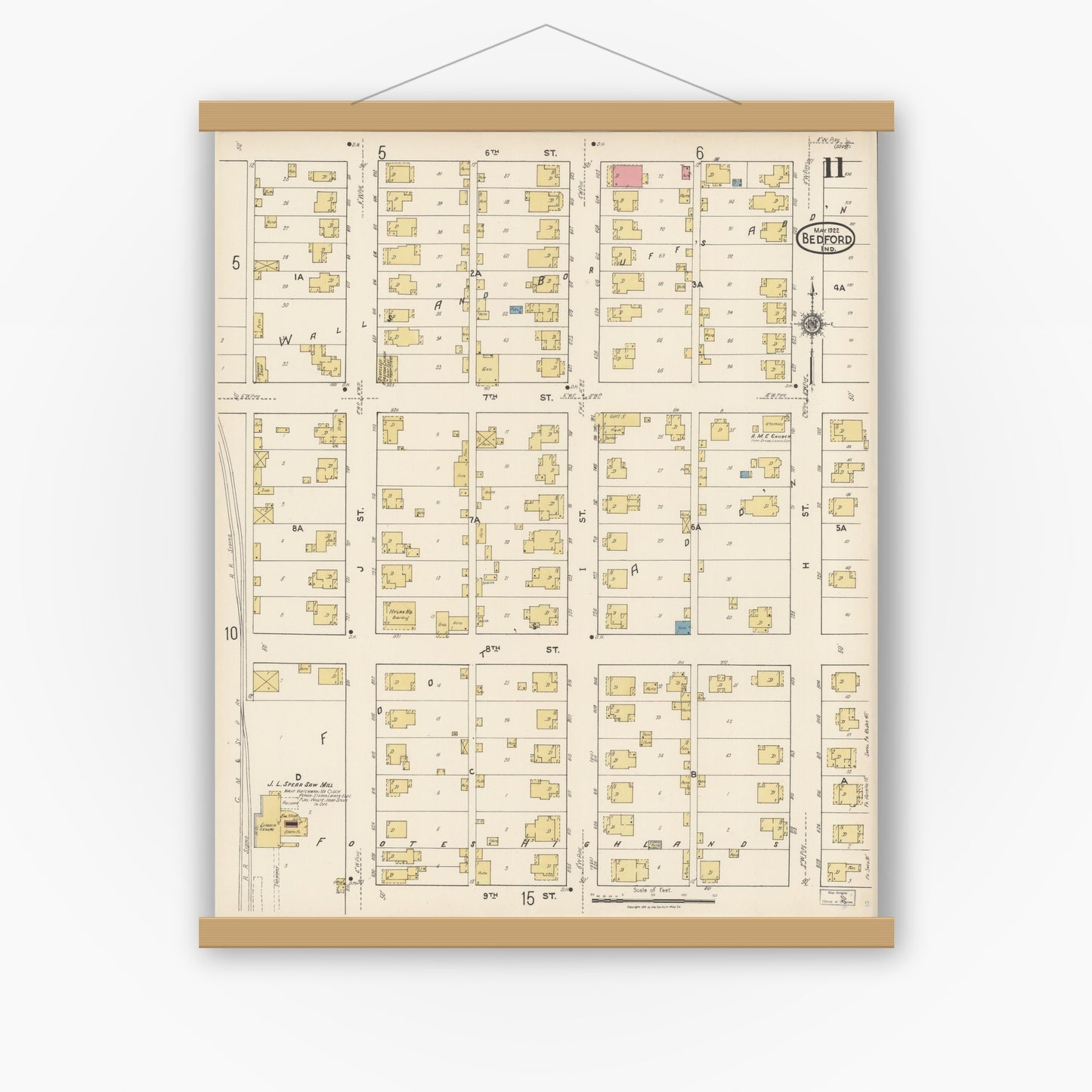 Old map wall art mockup — magnetic wood frame on white wall — Sanborn Fire Insurance Map from Bedford, Lawrence County, Indiana (1922), Sheet #0011