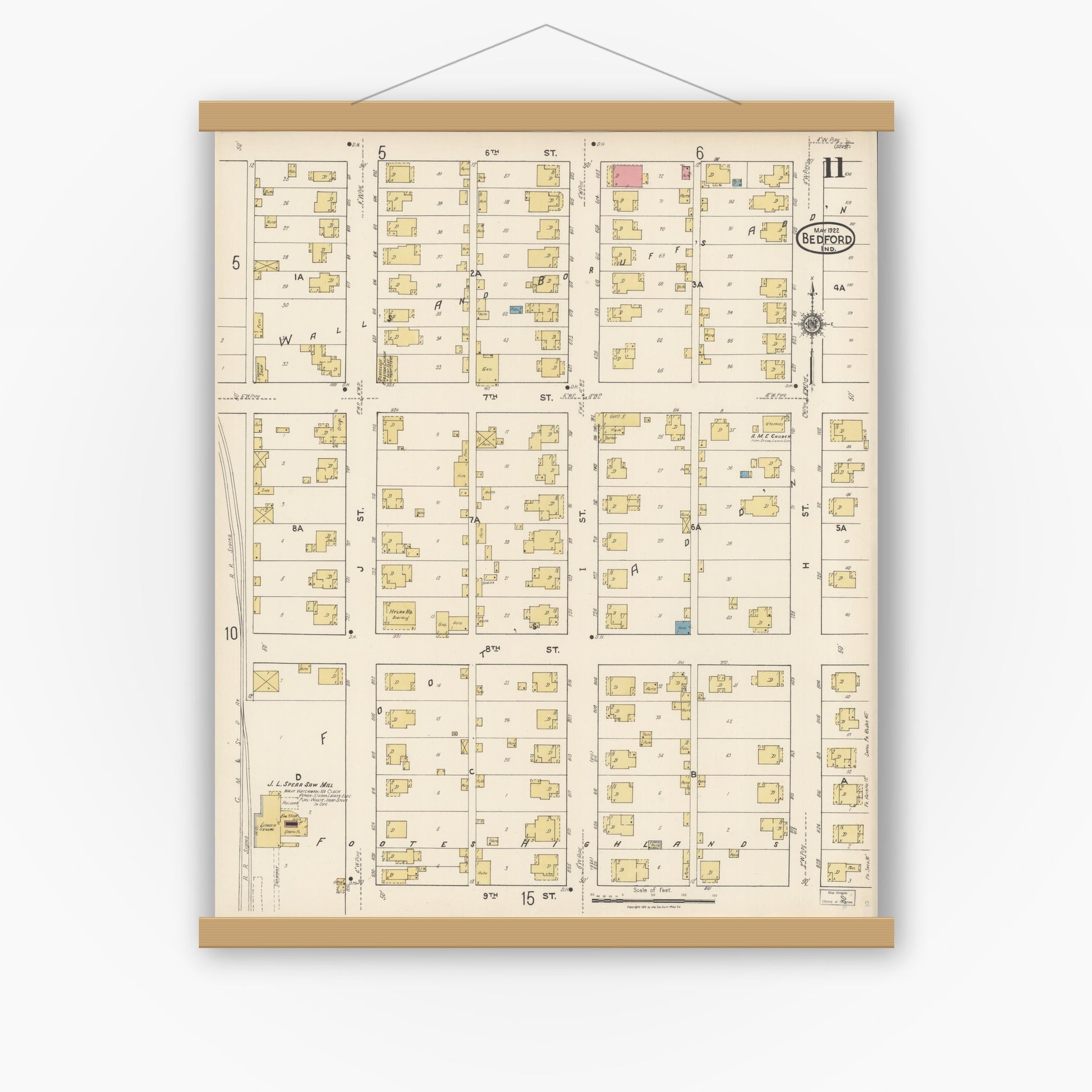 Old map wall art mockup — magnetic wood frame on white wall — Sanborn Fire Insurance Map from Bedford, Lawrence County, Indiana (1922), Sheet #0011