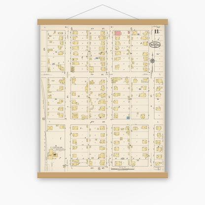 Old map wall art mockup — magnetic wood frame on white wall — Sanborn Fire Insurance Map from Bedford, Lawrence County, Indiana (1922), Sheet #0011