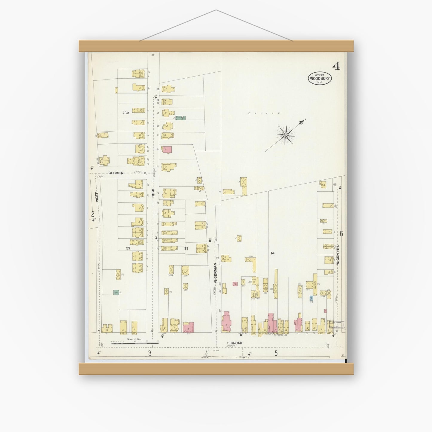 Old map wall art mockup — magnetic wood frame on white wall — Sanborn Fire Insurance Map from Woodbury, Gloucester County, New Jersey (1902), Sheet #0004