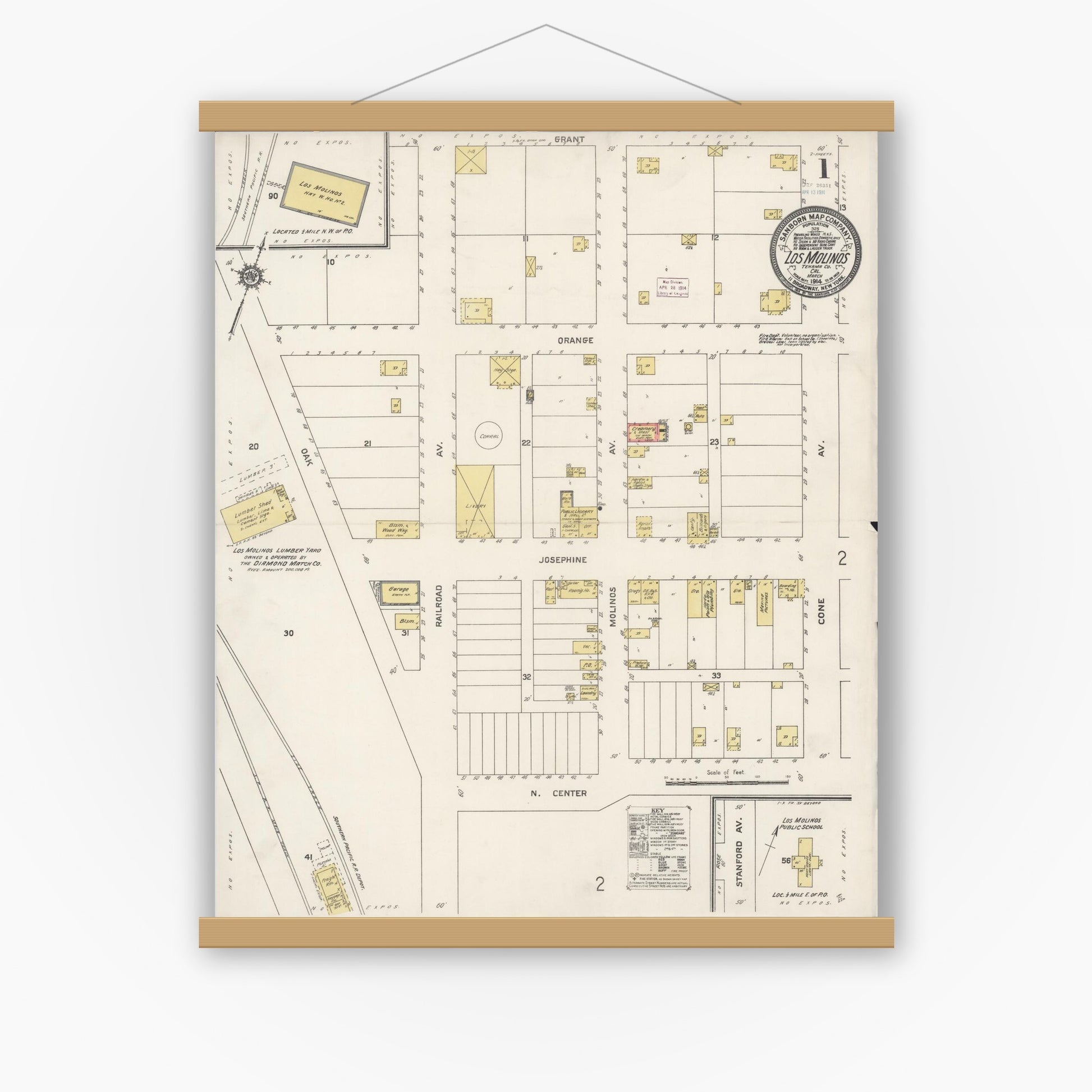 Old map wall art mockup — magnetic wood frame on white wall — Sanborn Fire Insurance Map from Los Molinos, Tehama County, California (1914), Sheet #0001