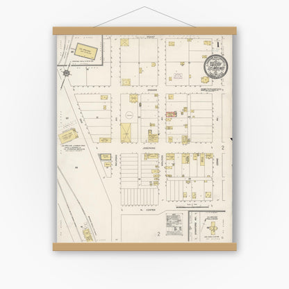 Old map wall art mockup — magnetic wood frame on white wall — Sanborn Fire Insurance Map from Los Molinos, Tehama County, California (1914), Sheet #0001