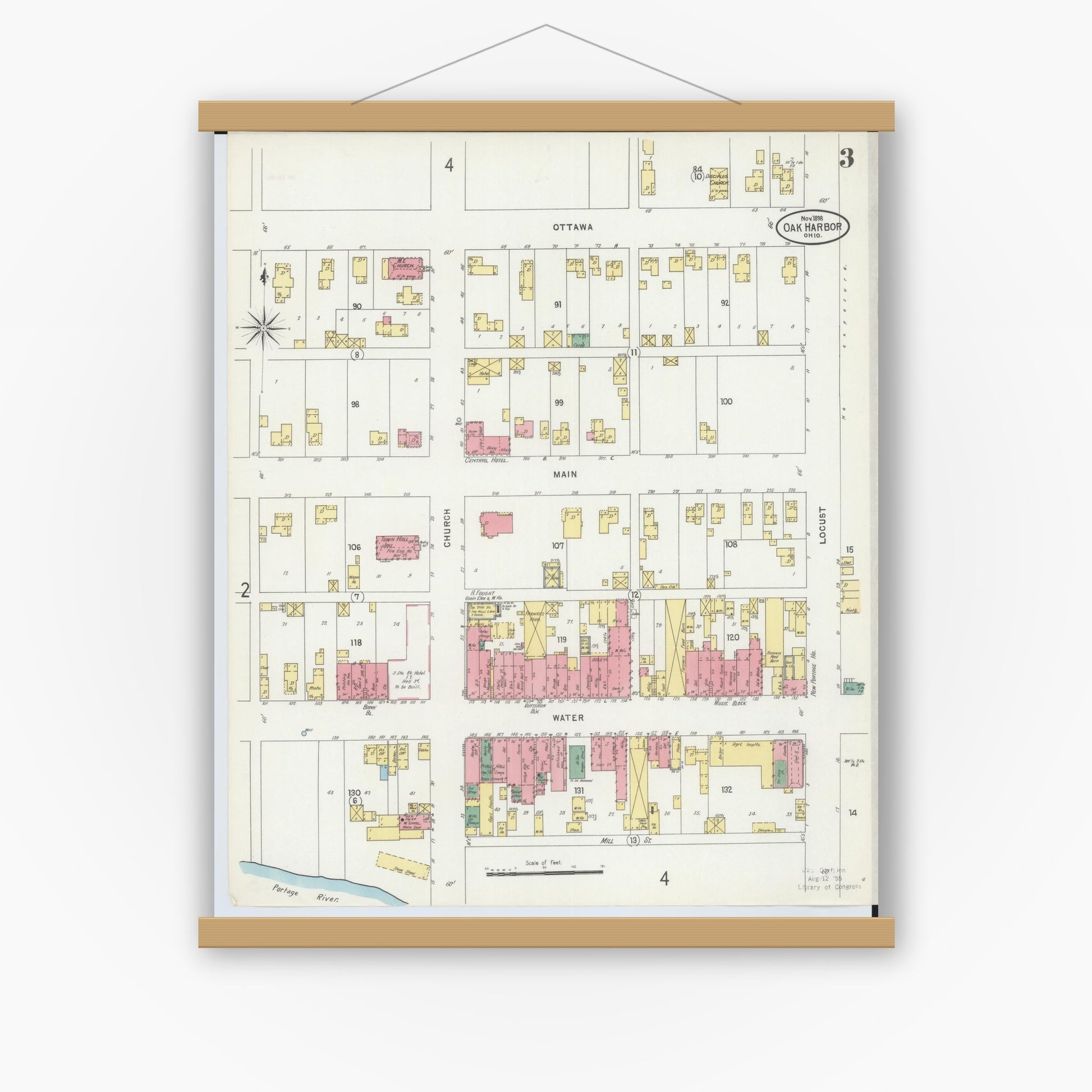 Old map wall art mockup — magnetic wood frame on white wall — Sanborn Fire Insurance Map from Oak Harbor, Ottawa County, Ohio (1898), Sheet #0003