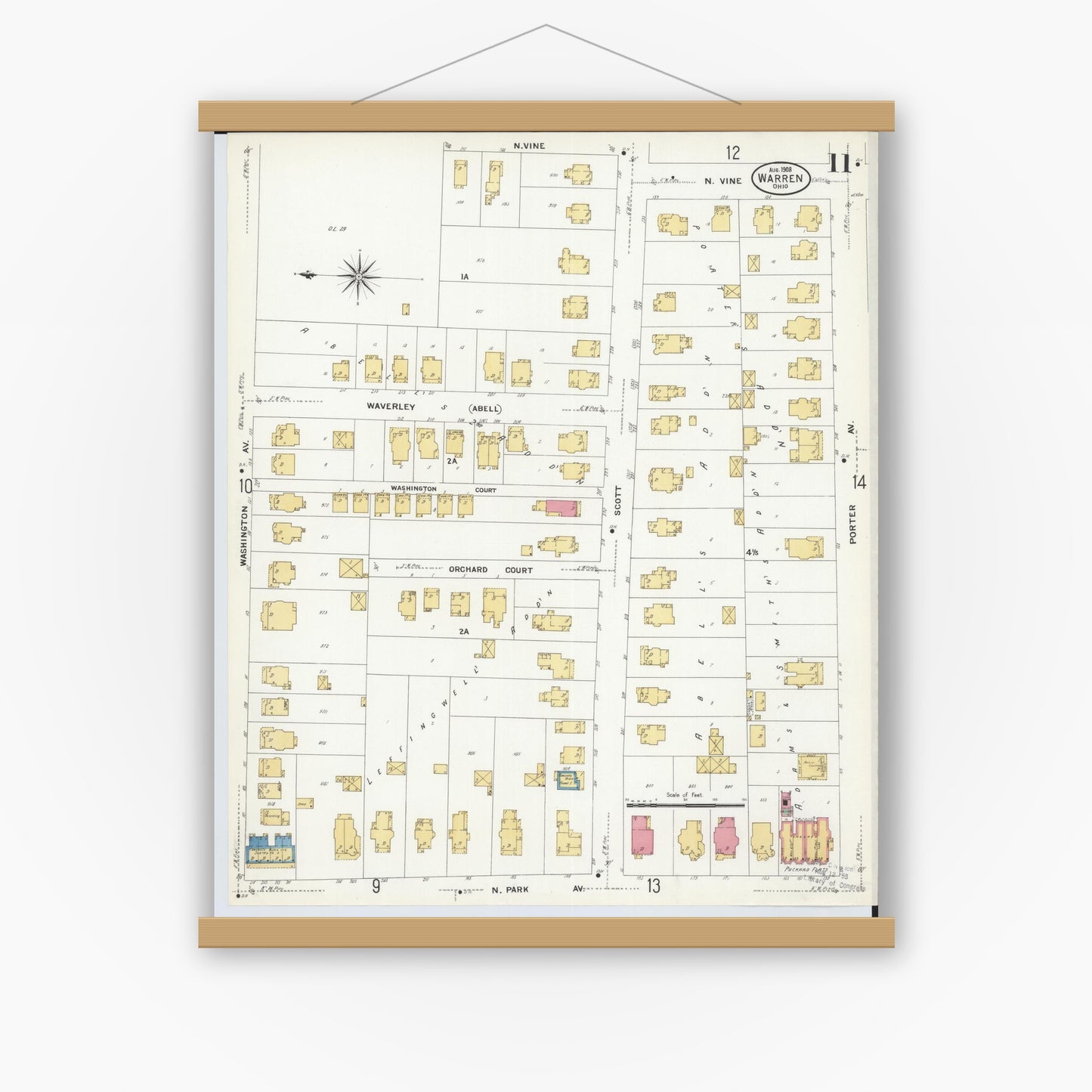 Old map wall art mockup — magnetic wood frame on white wall — Sanborn Fire Insurance Map from Warren, Trumbull County, Ohio (1908), Sheet #0011