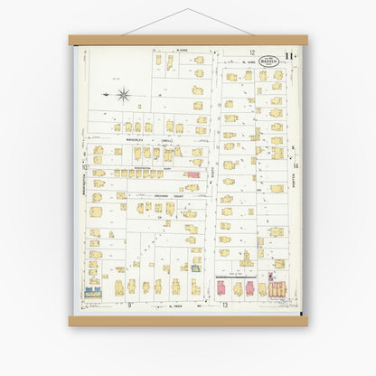 Old map wall art mockup — magnetic wood frame on white wall — Sanborn Fire Insurance Map from Warren, Trumbull County, Ohio (1908), Sheet #0011