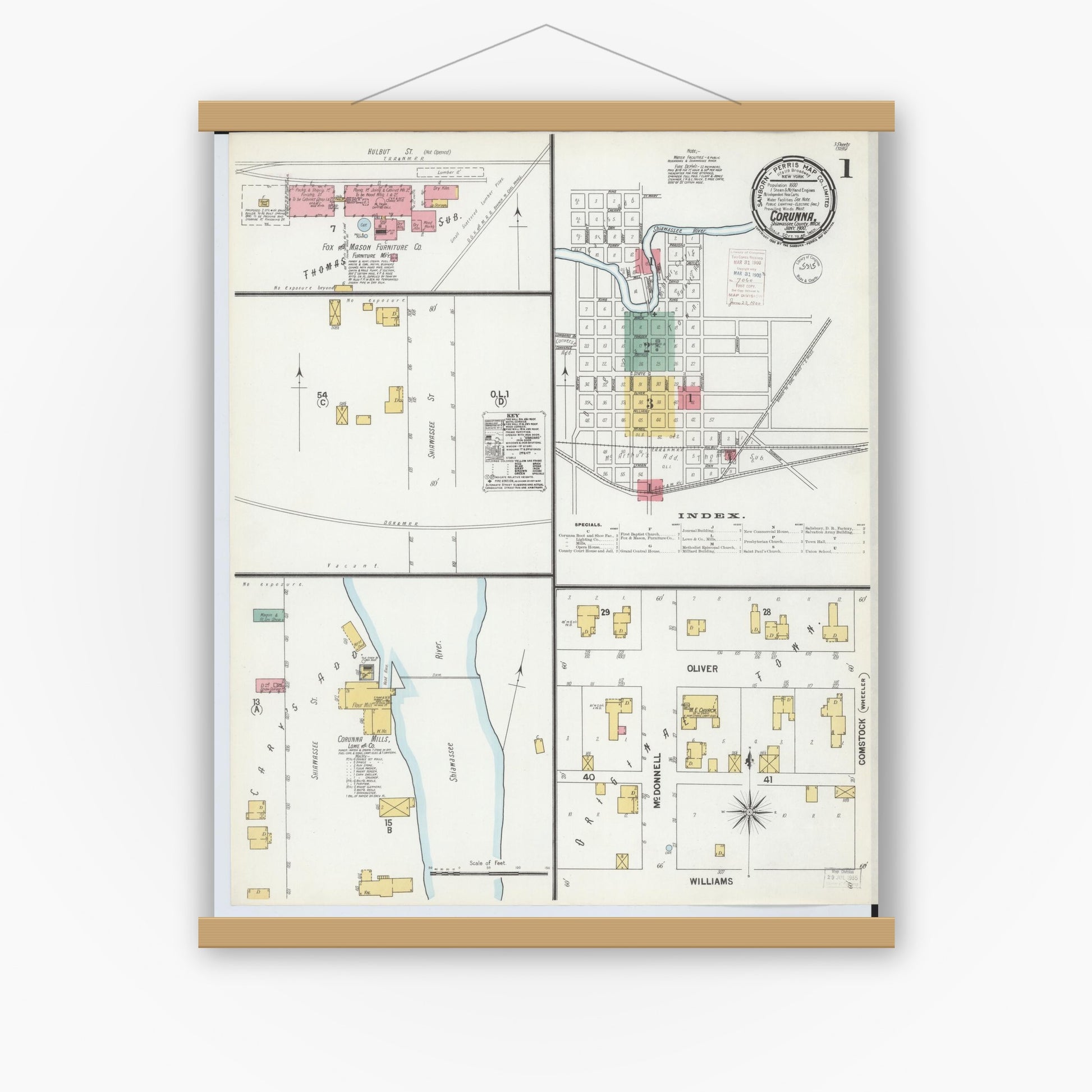 Old map wall art mockup — magnetic wood frame on white wall — Sanborn Fire Insurance Map from Corunna, Shiawassee County, Michigan (1900), Sheet #0001