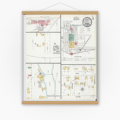 Old map wall art mockup — magnetic wood frame on white wall — Sanborn Fire Insurance Map from Corunna, Shiawassee County, Michigan (1900), Sheet #0001