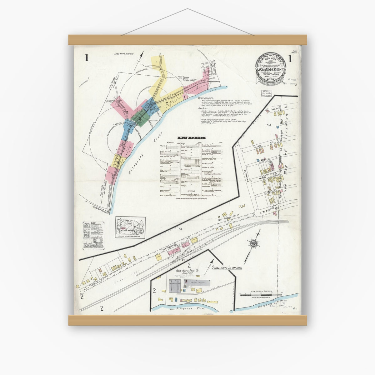 Old map wall art mockup — magnetic wood frame on white wall — Sanborn Fire Insurance Map from Glassmere, Allegheny County, Pennsylvania (1924) - Complete Map Set