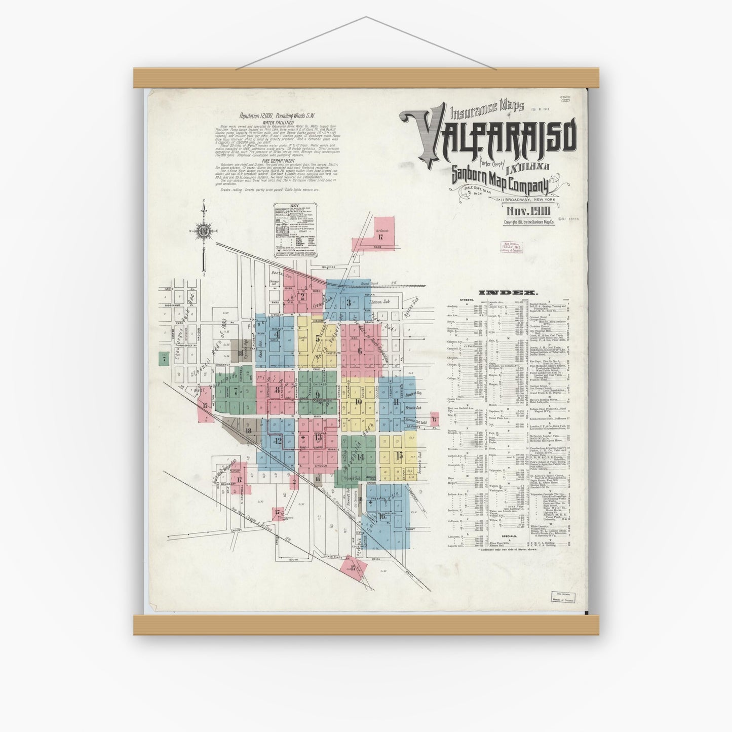 Old map wall art mockup — magnetic wood frame on white wall — Sanborn Fire Insurance Map from Valparaiso, Porter County, Indiana (1910), Sheet #0001