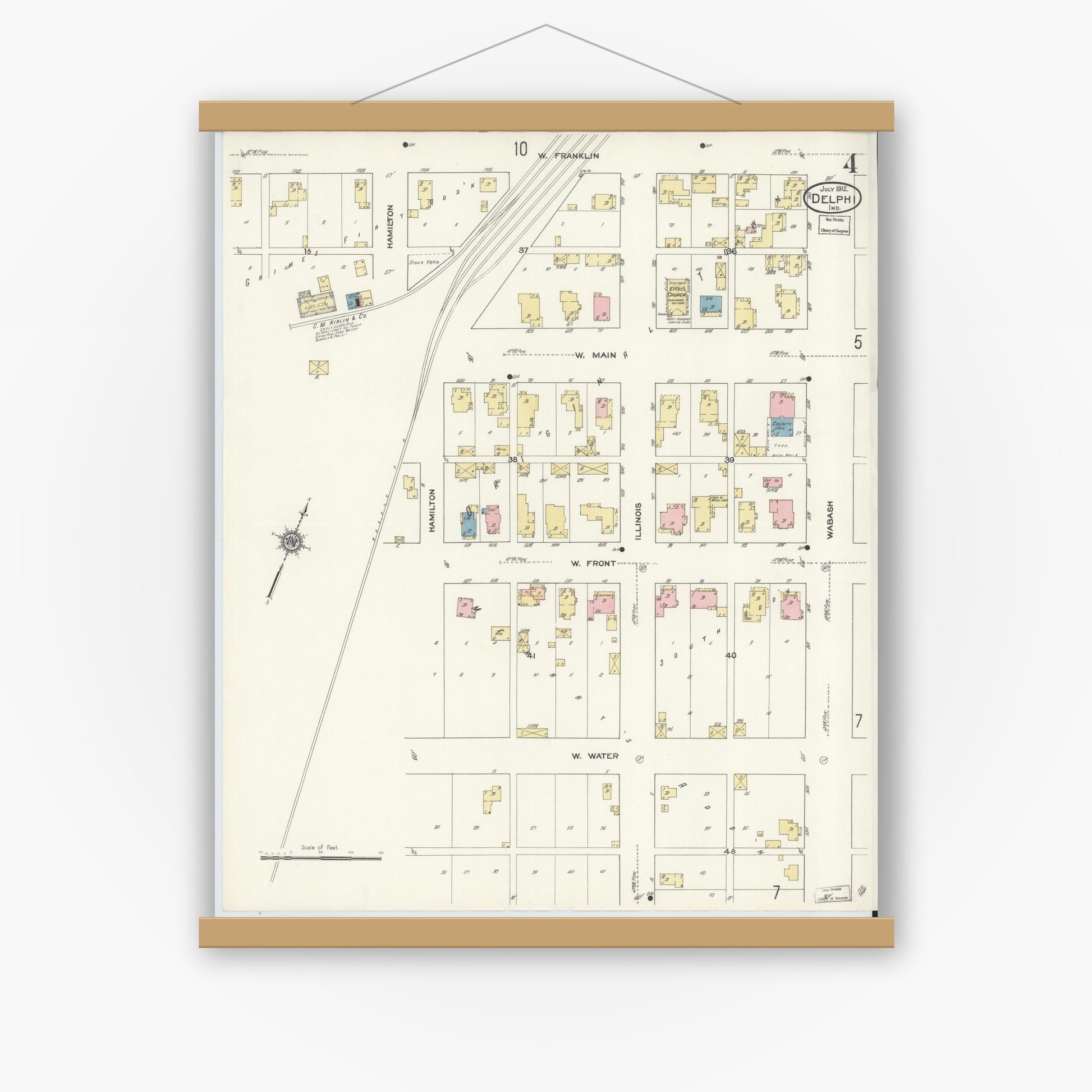 Old map wall art mockup — magnetic wood frame on white wall — Sanborn Fire Insurance Map from Delphi, Carroll County, Indiana (1912), Sheet #0004