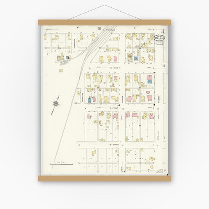 Old map wall art mockup — magnetic wood frame on white wall — Sanborn Fire Insurance Map from Delphi, Carroll County, Indiana (1912), Sheet #0004