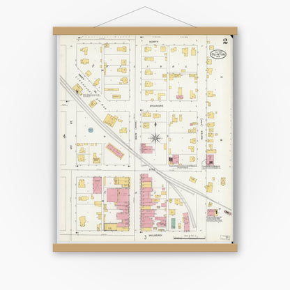 Old map wall art mockup — magnetic wood frame on white wall — Sanborn Fire Insurance Map from Clinton, Vermillion County, Indiana (1905), Sheet #0002