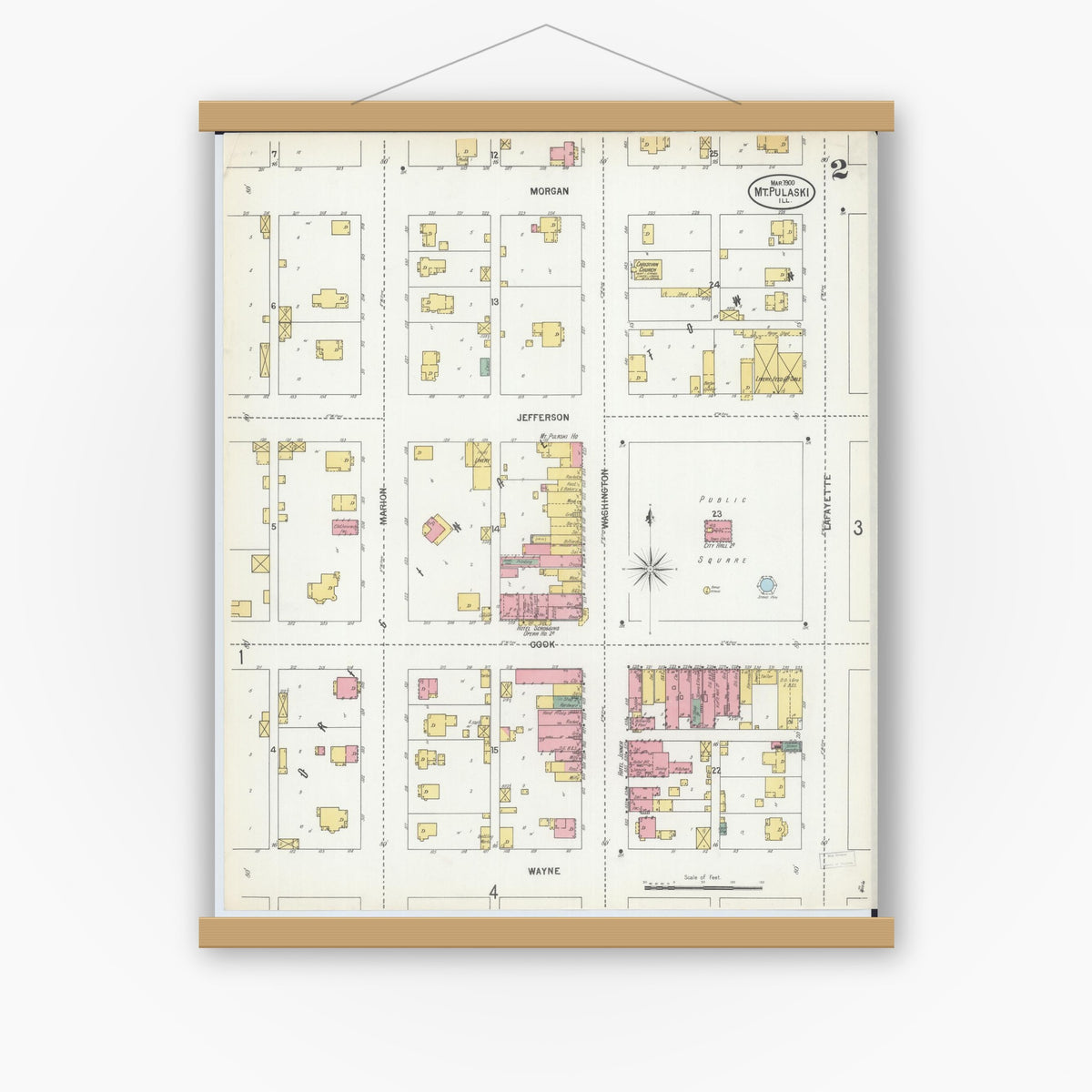 Old map wall art mockup — magnetic wood frame on white wall — Sanborn Fire Insurance Map from Mount Pulaski, Logan County, Illinois (1900), Sheet #0002