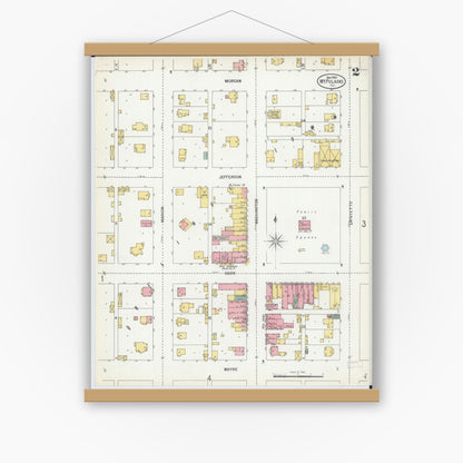 Old map wall art mockup — magnetic wood frame on white wall — Sanborn Fire Insurance Map from Mount Pulaski, Logan County, Illinois (1900), Sheet #0002