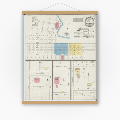 Old map wall art mockup — magnetic wood frame on white wall — Sanborn Fire Insurance Map from Willmar, Kandiyohi County, Minnesota (1893) - Complete Map Set