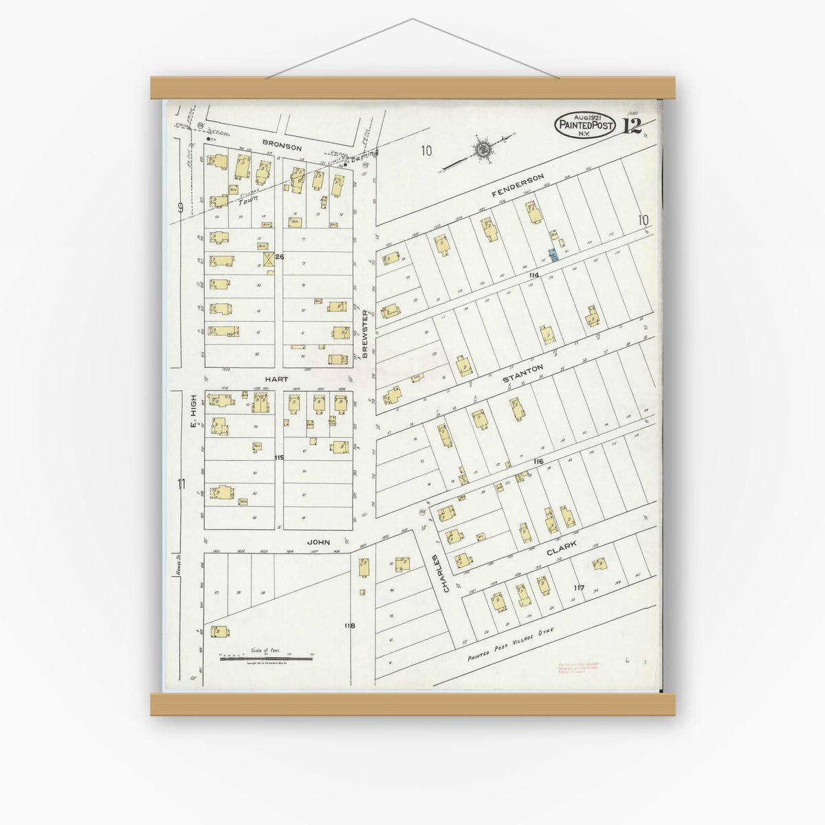 Old map wall art mockup — magnetic wood frame on white wall — Sanborn Fire Insurance Map from Painted Post, Steuben County, New York (1921), Sheet #0012