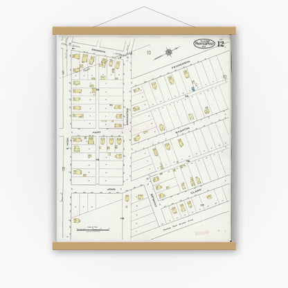 Old map wall art mockup — magnetic wood frame on white wall — Sanborn Fire Insurance Map from Painted Post, Steuben County, New York (1921), Sheet #0012