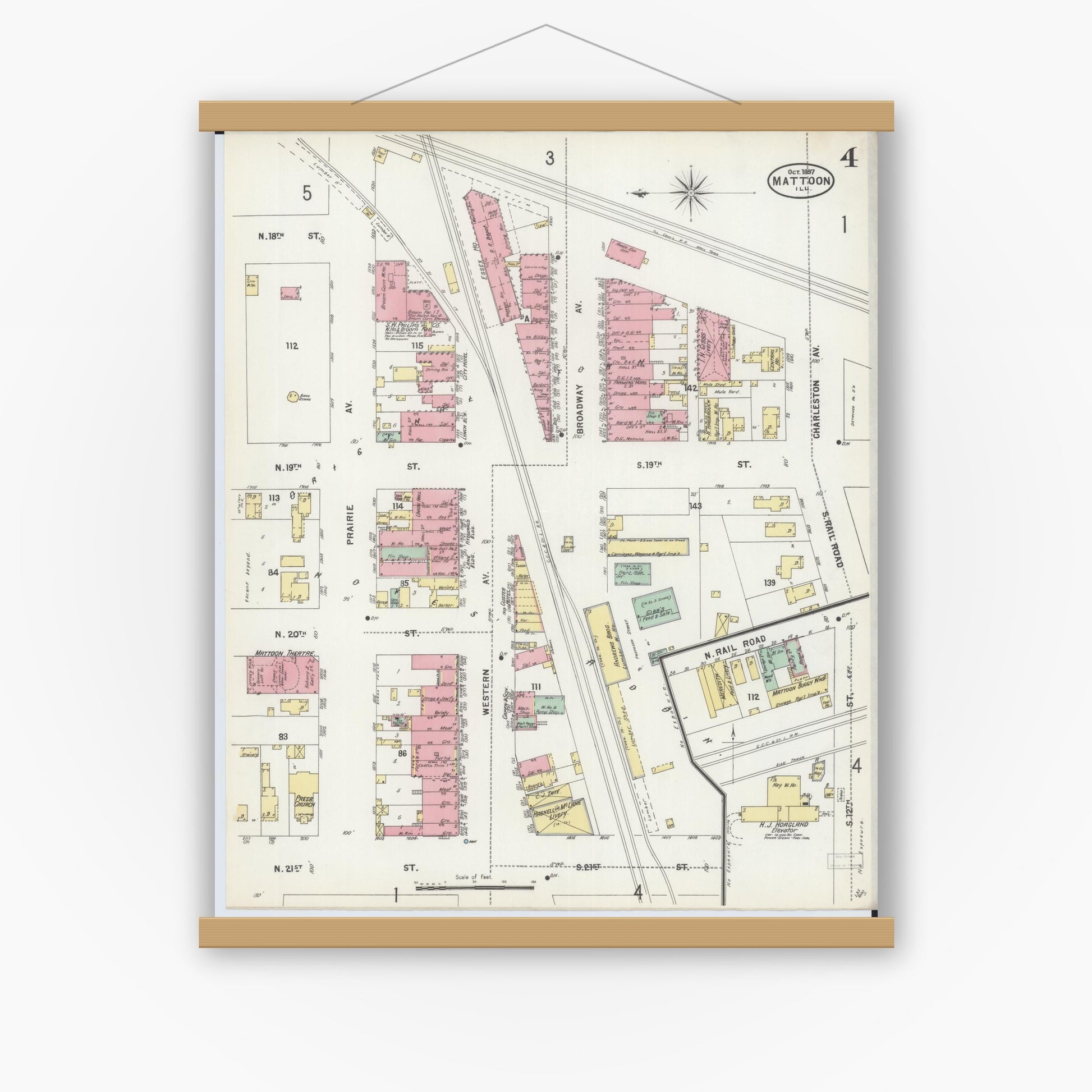 Old map wall art mockup — magnetic wood frame on white wall — Sanborn Fire Insurance Map from Mattoon, Coles County, Illinois (1897), Sheet #0004