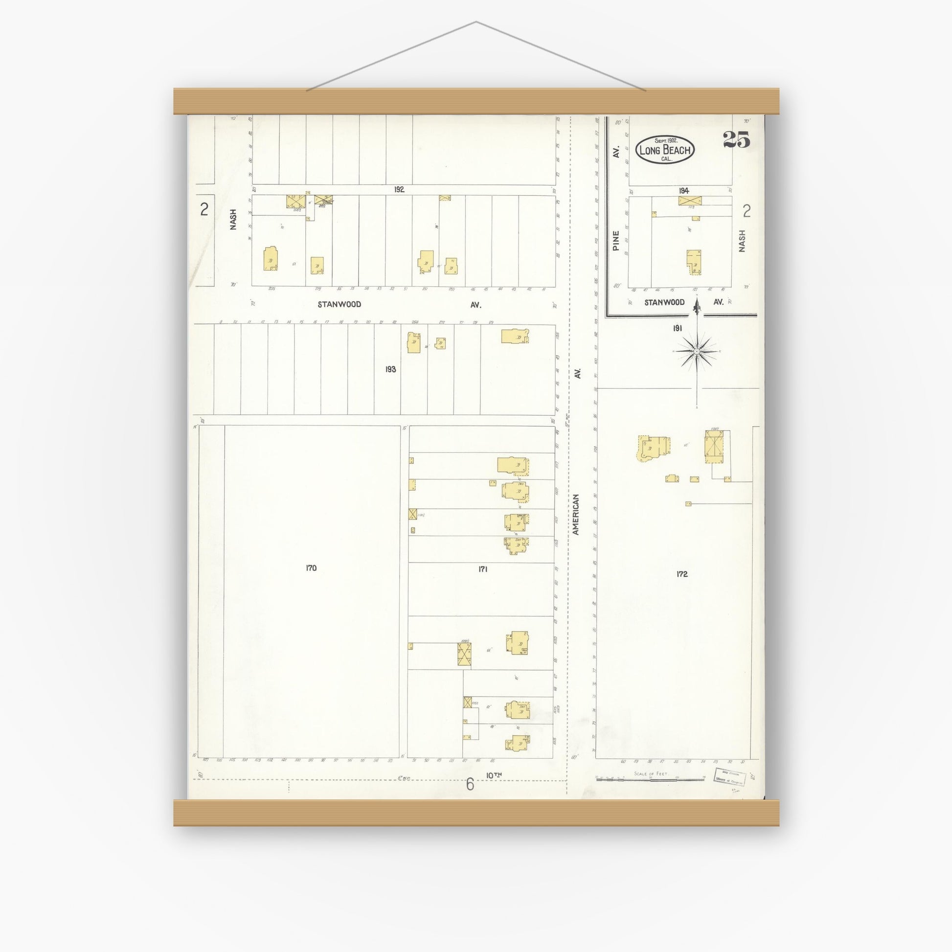 Old map wall art mockup — magnetic wood frame on white wall — Sanborn Fire Insurance Map from Long Beach, Los Angeles County, California (1902), Sheet #0025