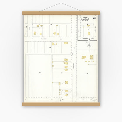 Old map wall art mockup — magnetic wood frame on white wall — Sanborn Fire Insurance Map from Long Beach, Los Angeles County, California (1902), Sheet #0025