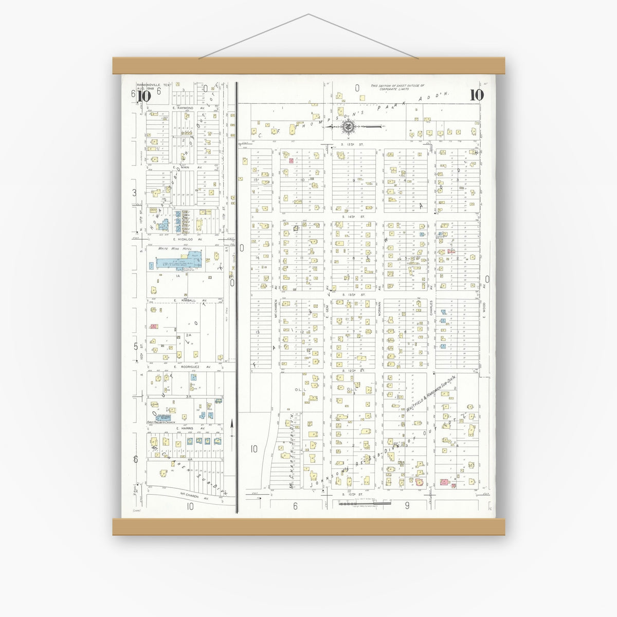 Old map wall art mockup — magnetic wood frame on white wall — Sanborn Fire Insurance Map from Raymondville, Willacy County, Texas (1948), Sheet #0010