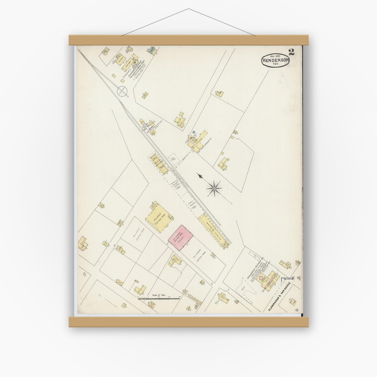 Old map wall art mockup — magnetic wood frame on white wall — Sanborn Fire Insurance Map from Henderson, Rusk County, Texas (1890), Sheet #0002