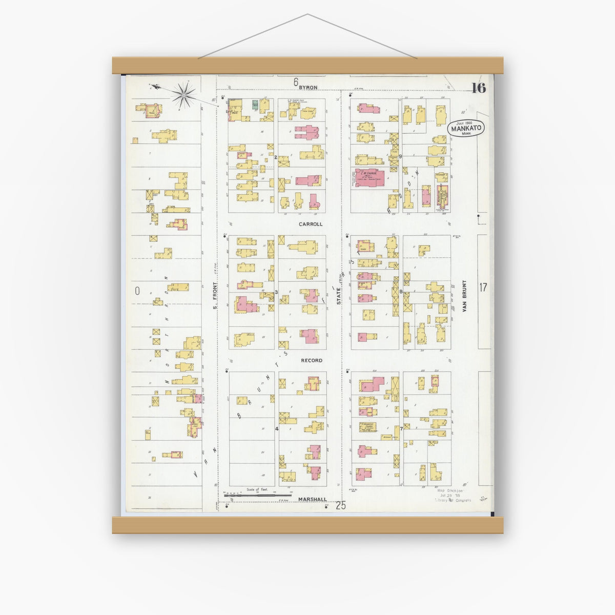 Old map wall art mockup — magnetic wood frame on white wall — Sanborn Fire Insurance Map from Mankato, Blue Earth County, Minnesota (1900), Sheet #0016