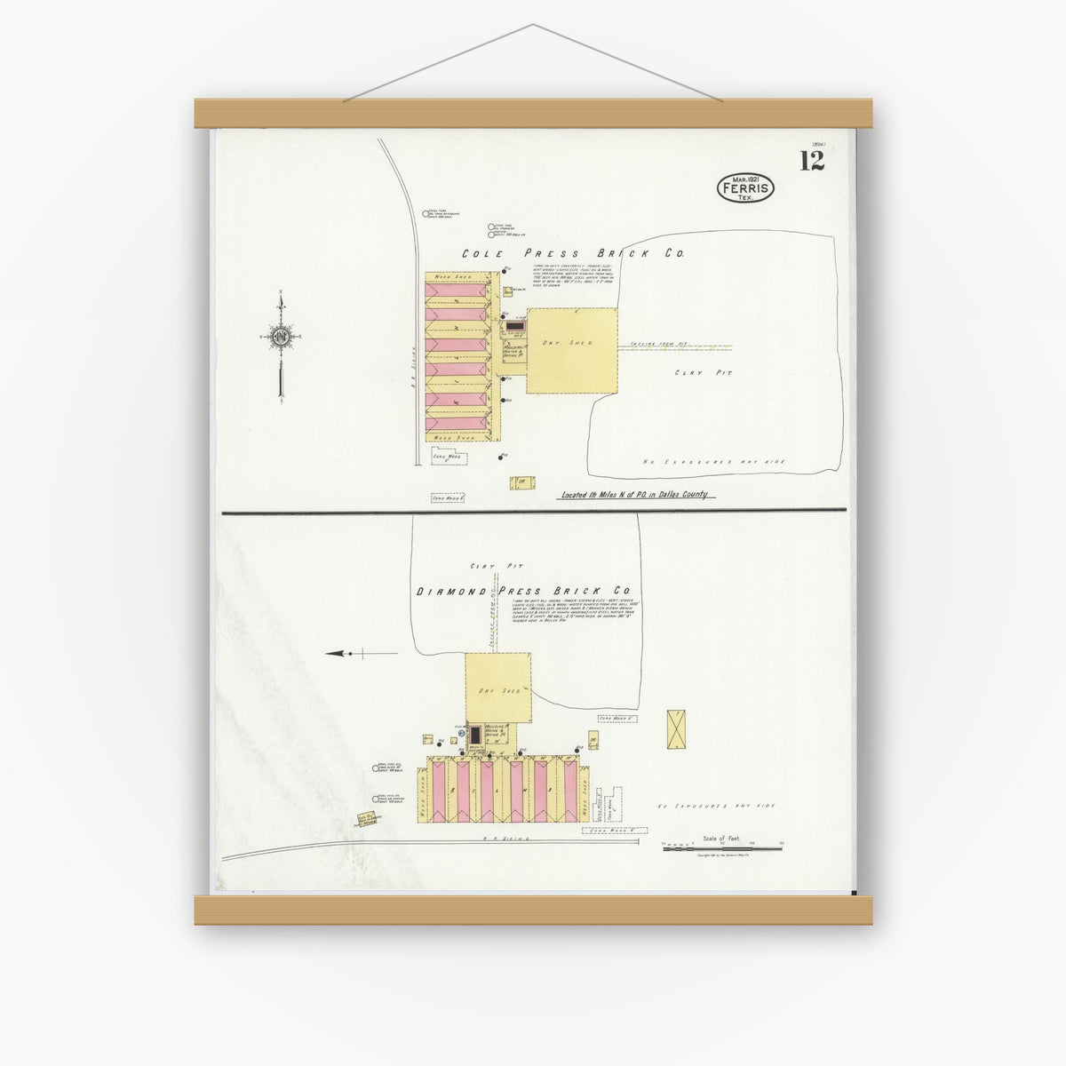 Old map wall art mockup — magnetic wood frame on white wall — Sanborn Fire Insurance Map from Ferris, Ellis County, Texas (1921), Sheet #0012