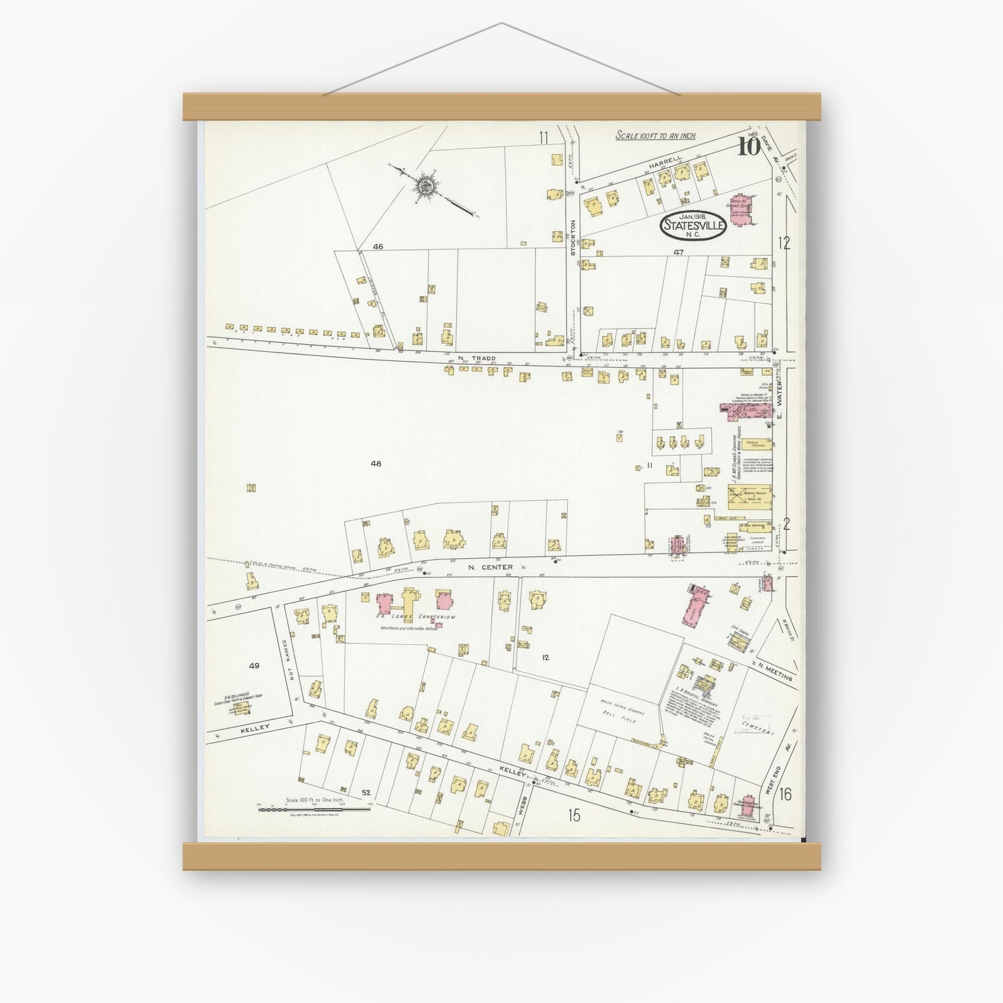 Old map wall art mockup — magnetic wood frame on white wall — Sanborn Fire Insurance Map from Statesville, Iredell County, North Carolina (1918), Sheet #0010