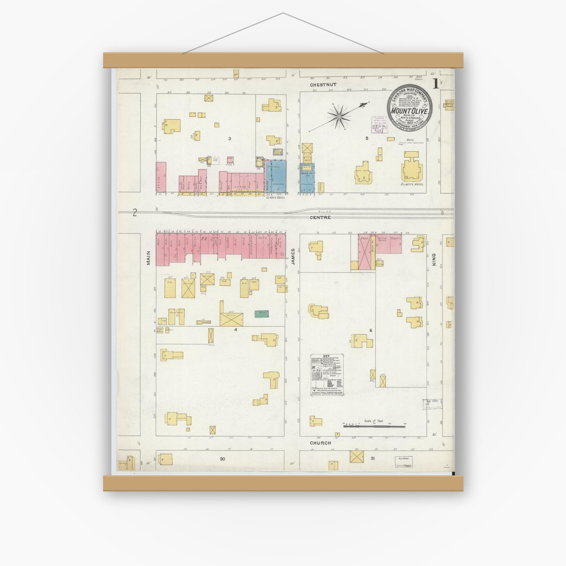 Old map wall art mockup — magnetic wood frame on white wall — Sanborn Fire Insurance Map from Mount Olive, Wayne County, North Carolina (1905) - Complete Map Set