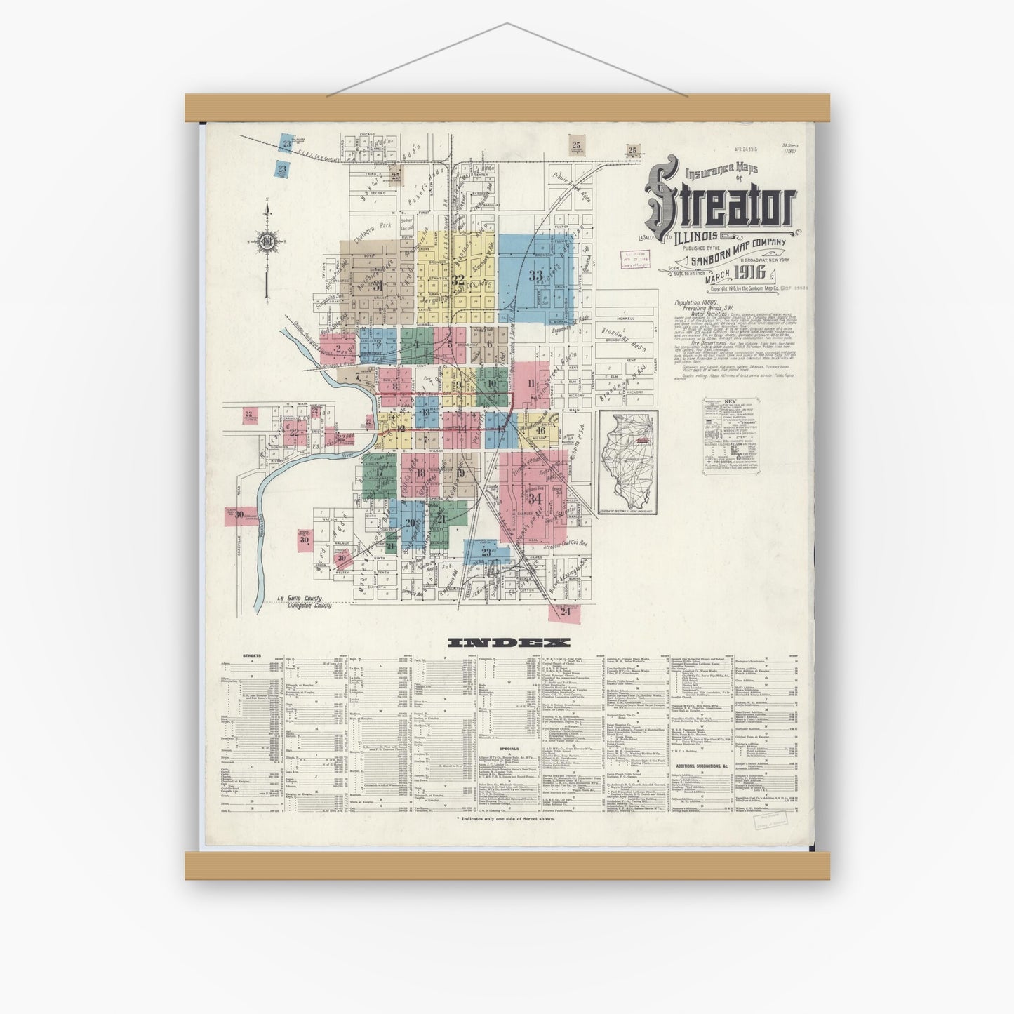 Old map wall art mockup — magnetic wood frame on white wall — Sanborn Fire Insurance Map from Streator, La Salle County, Illinois (1916) - Complete Map Set