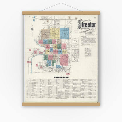 Old map wall art mockup — magnetic wood frame on white wall — Sanborn Fire Insurance Map from Streator, La Salle County, Illinois (1916) - Complete Map Set