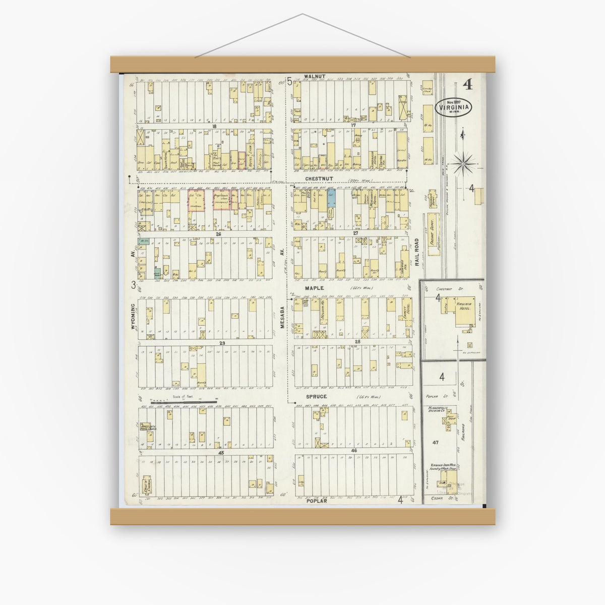 Old map wall art mockup — magnetic wood frame on white wall — Sanborn Fire Insurance Map from Virginia, Saint Louis County, Minnesota (1897), Sheet #0004
