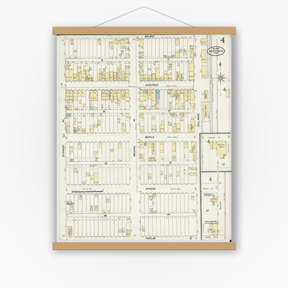 Old map wall art mockup — magnetic wood frame on white wall — Sanborn Fire Insurance Map from Virginia, Saint Louis County, Minnesota (1897), Sheet #0004
