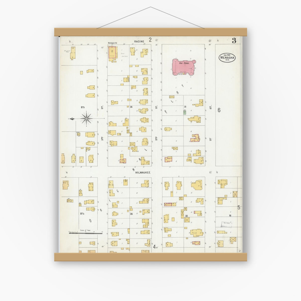 Old map wall art mockup — magnetic wood frame on white wall — Sanborn Fire Insurance Map from Menasha, Winnebago County, Wisconsin (1900), Sheet #0003