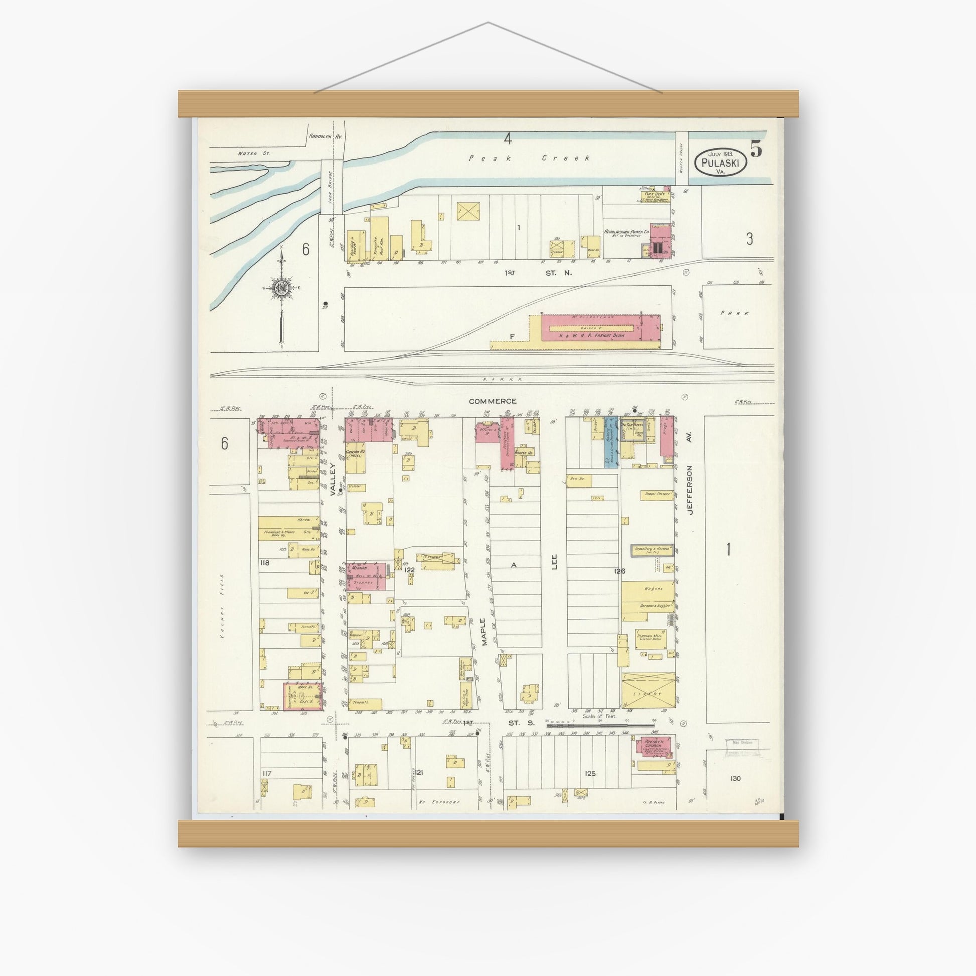 Old map wall art mockup — magnetic wood frame on white wall — Sanborn Fire Insurance Map from Pulaski, Pulaski County, Virginia (1913), Sheet #0005