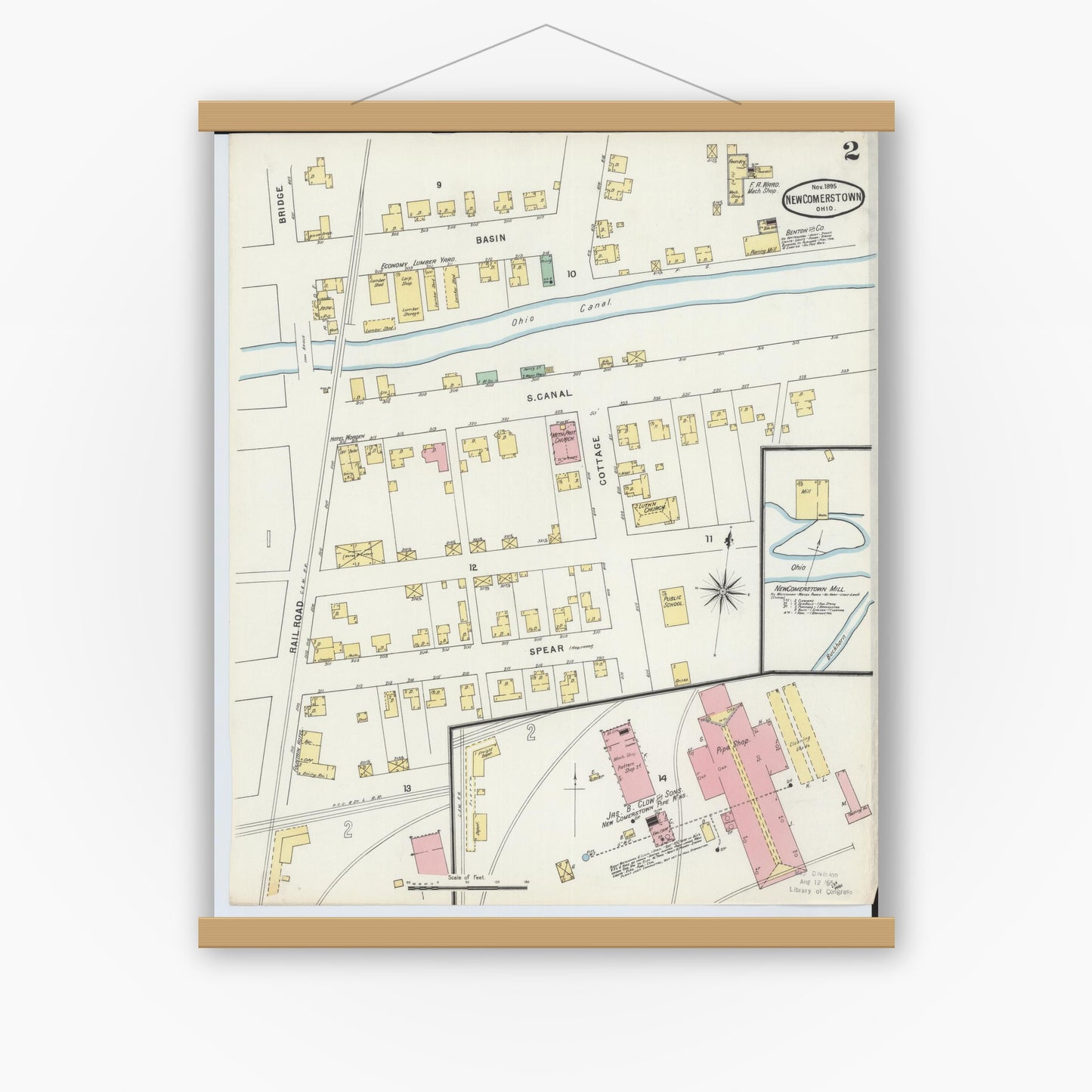 Old map wall art mockup — magnetic wood frame on white wall — Sanborn Fire Insurance Map from Newcomerstown, Tuscarawas County, Ohio (1895), Sheet #0002