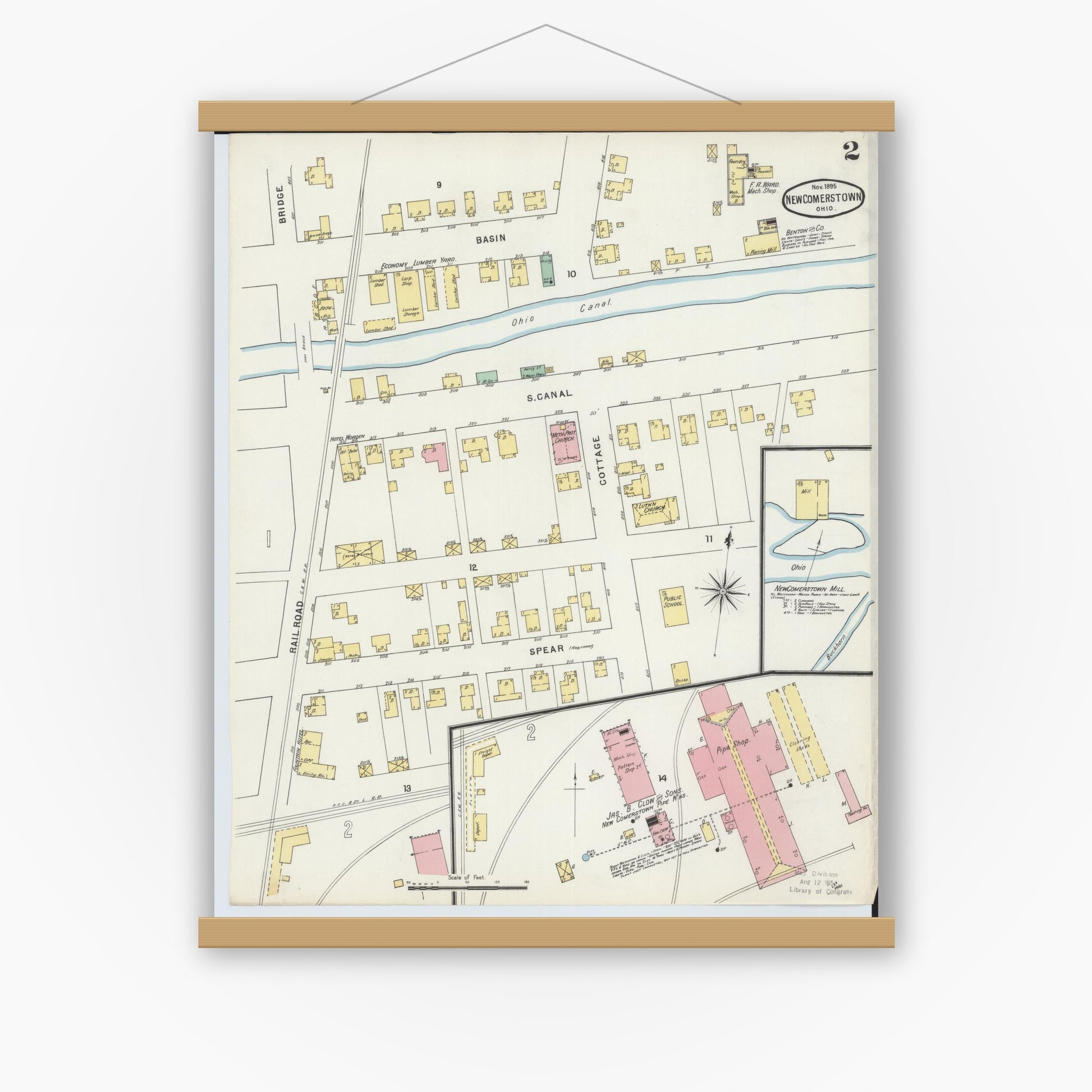 Old map wall art mockup — magnetic wood frame on white wall — Sanborn Fire Insurance Map from Newcomerstown, Tuscarawas County, Ohio (1895), Sheet #0002