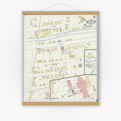 Old map wall art mockup — magnetic wood frame on white wall — Sanborn Fire Insurance Map from Newcomerstown, Tuscarawas County, Ohio (1895), Sheet #0002