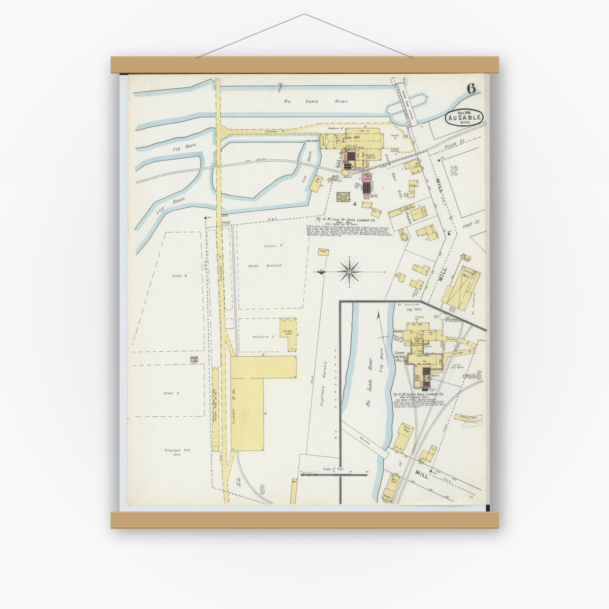 Old map wall art mockup — magnetic wood frame on white wall — Sanborn Fire Insurance Map from Oscoda, Iosco County, Michigan (1895), Sheet #0006