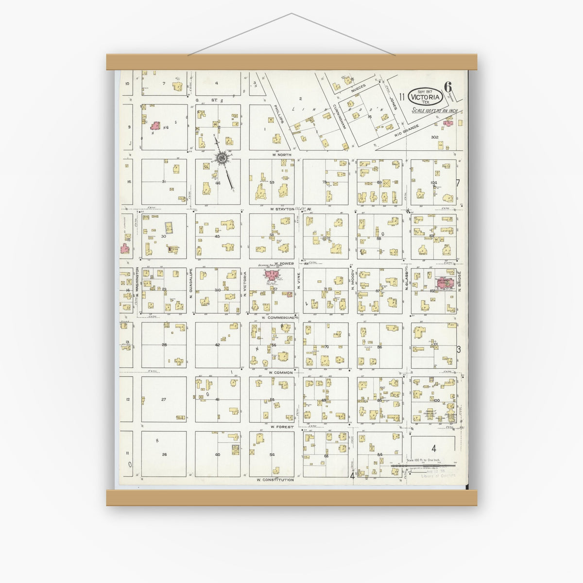 Old map wall art mockup — magnetic wood frame on white wall — Sanborn Fire Insurance Map from Victoria, Victoria County, Texas (1917), Sheet #0006