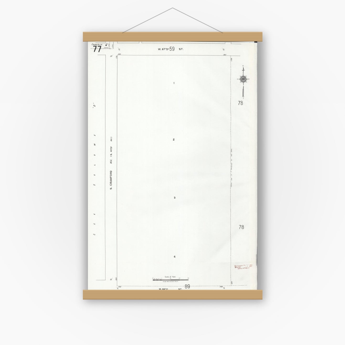Old map wall art mockup — magnetic wood frame on white wall — Sanborn Fire Insurance Map from Chicago, Cook County, Illinois (1920), Sheet #0077