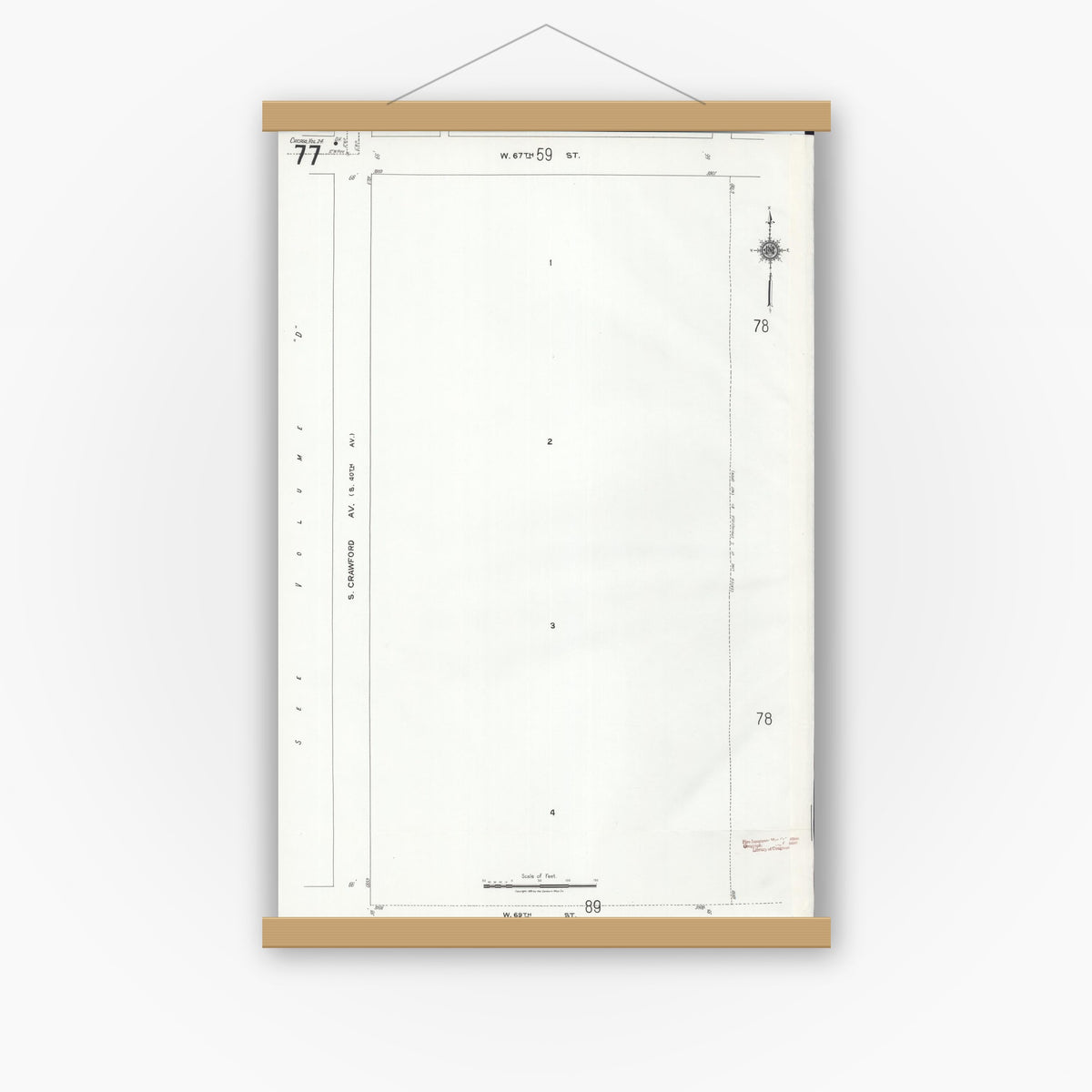 Old map wall art mockup — magnetic wood frame on white wall — Sanborn Fire Insurance Map from Chicago, Cook County, Illinois (1920), Sheet #0077