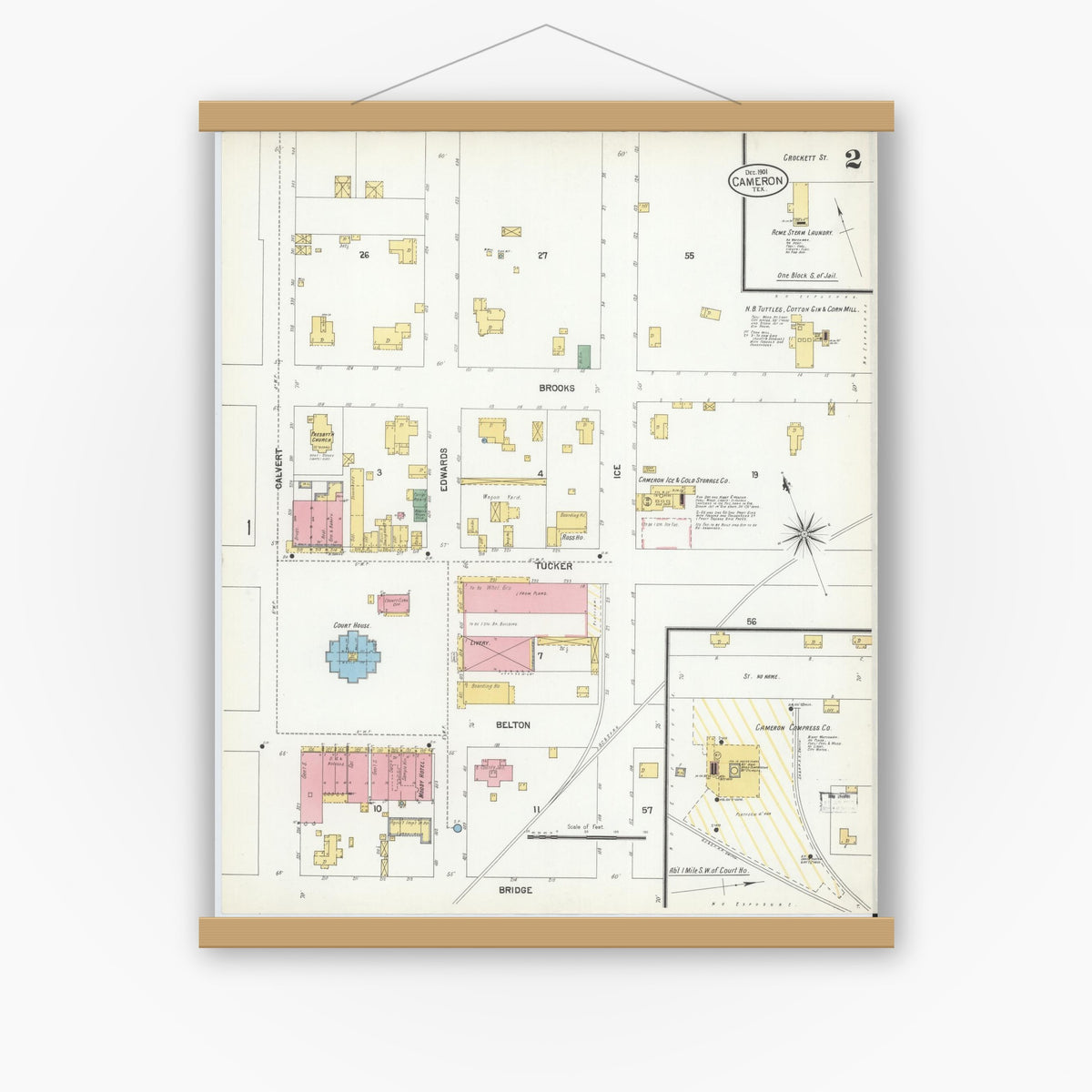 Old map wall art mockup — magnetic wood frame on white wall — Sanborn Fire Insurance Map from Cameron, Milam County, Texas (1901), Sheet #0002