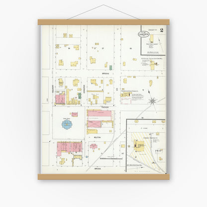Old map wall art mockup — magnetic wood frame on white wall — Sanborn Fire Insurance Map from Cameron, Milam County, Texas (1901), Sheet #0002