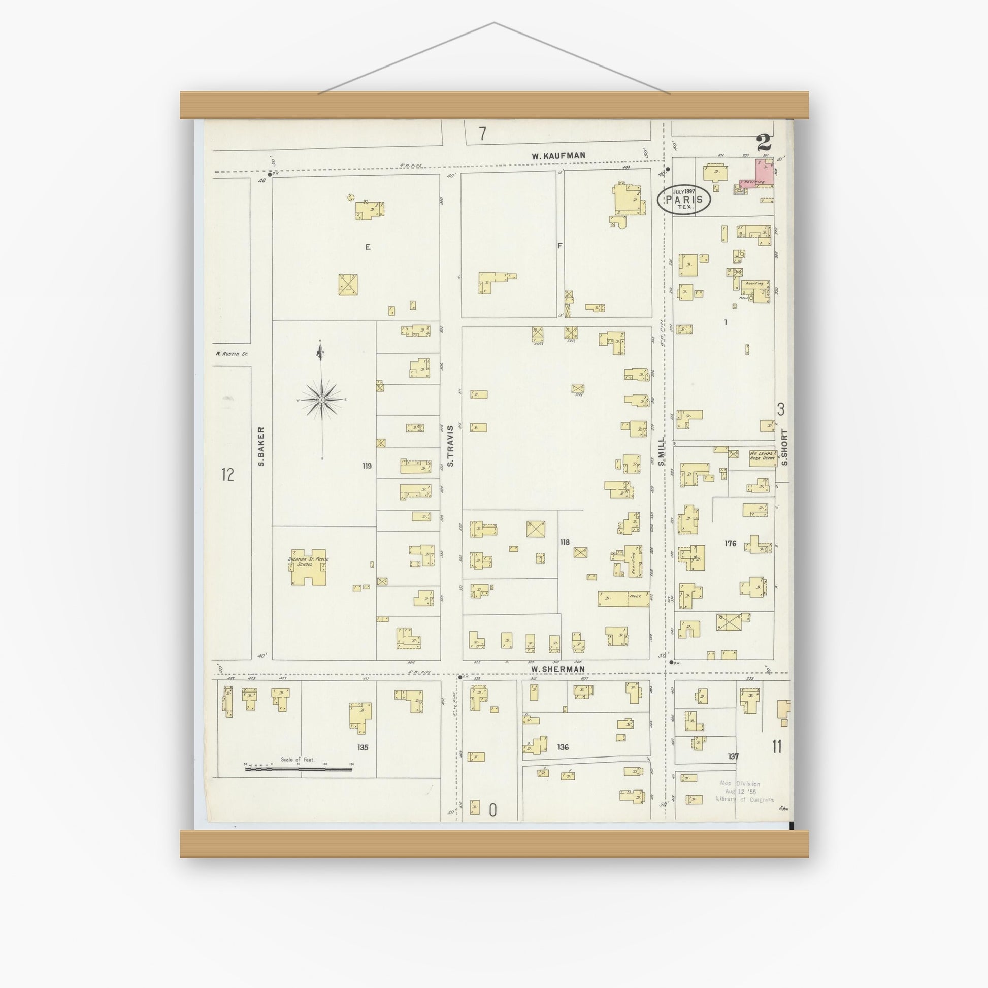 Old map wall art mockup — magnetic wood frame on white wall — Sanborn Fire Insurance Map from Paris, Lamar County, Texas (1897), Sheet #0002