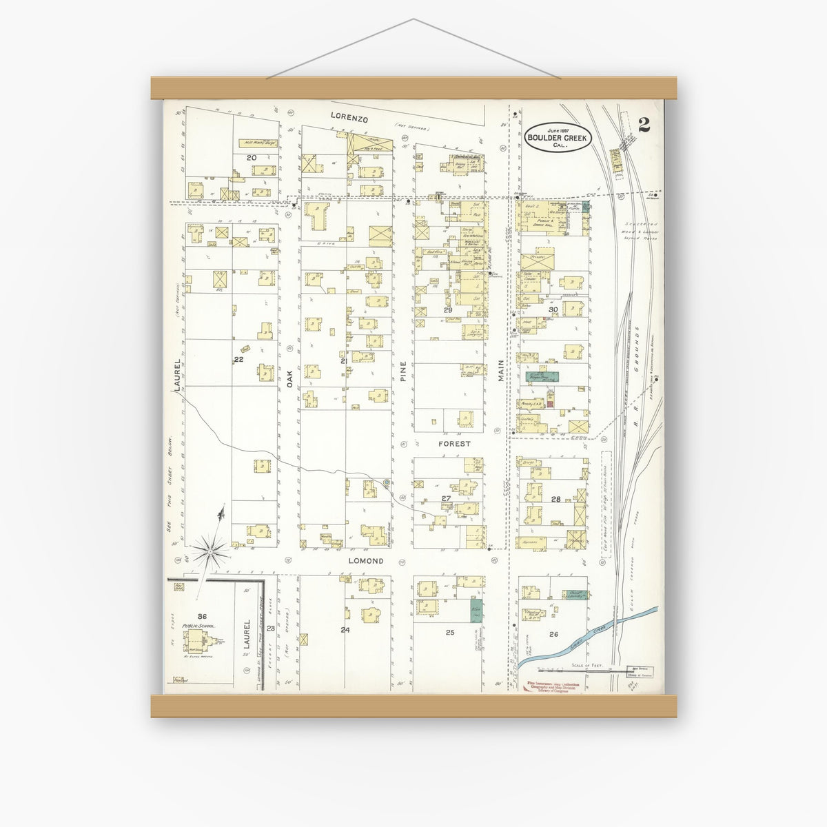 Old map wall art mockup — magnetic wood frame on white wall — Sanborn Fire Insurance Map from Boulder Creek, Santa Cruz County, California (1897), Sheet #0002